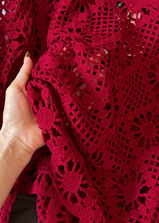 Sexy Red O Neck Hollow Out Solid Knit Sweater Fall