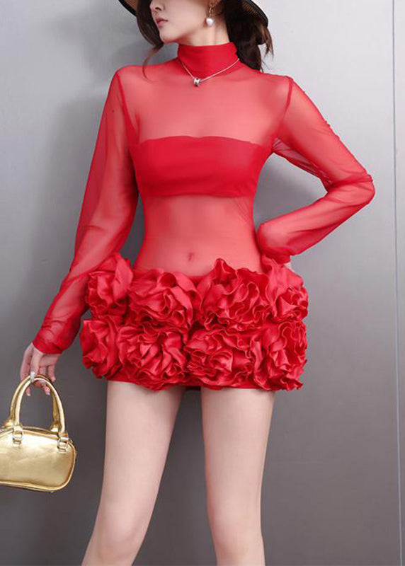 Sexy Red Patchwork Sheer Tulle Holiday Mid Dress Fall