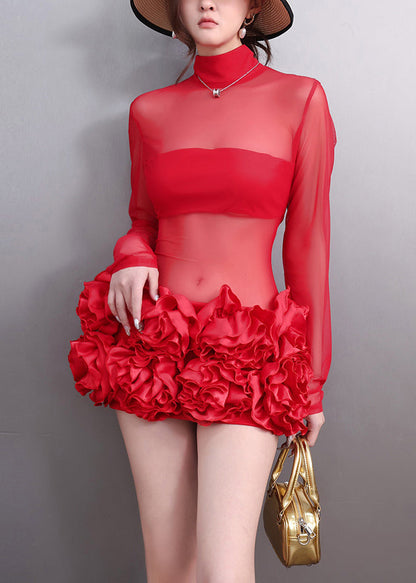 Sexy Red Patchwork Sheer Tulle Holiday Mid Dress Fall