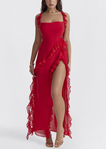 Sexy Red Ruffled Side Open Chiffon Spaghetti Strap Dress Sleeveless