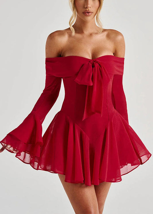 Sexy Red Slash Neck Bow Cotton Mid Dress Flare Sleeve