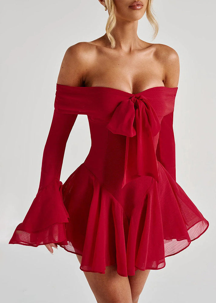 Sexy Red Slash Neck Bow Cotton Mid Dress Flare Sleeve
