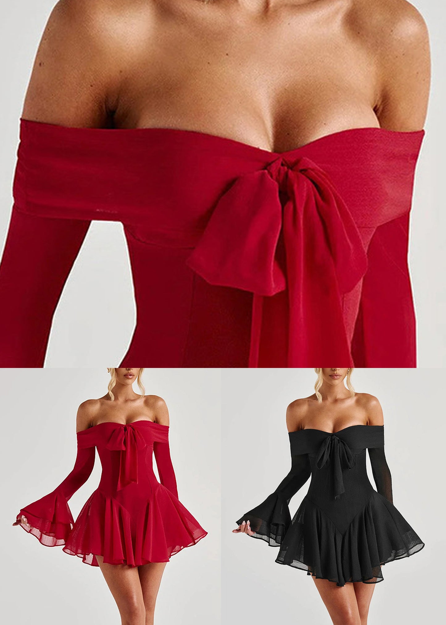 Sexy Red Slash Neck Bow Cotton Mid Dress Flare Sleeve