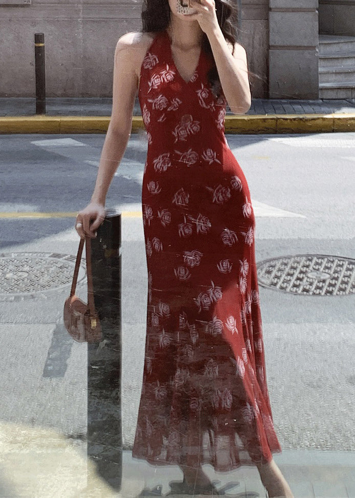 Sexy Red V Neck Patchwork Tulle Maxi Dress Summer