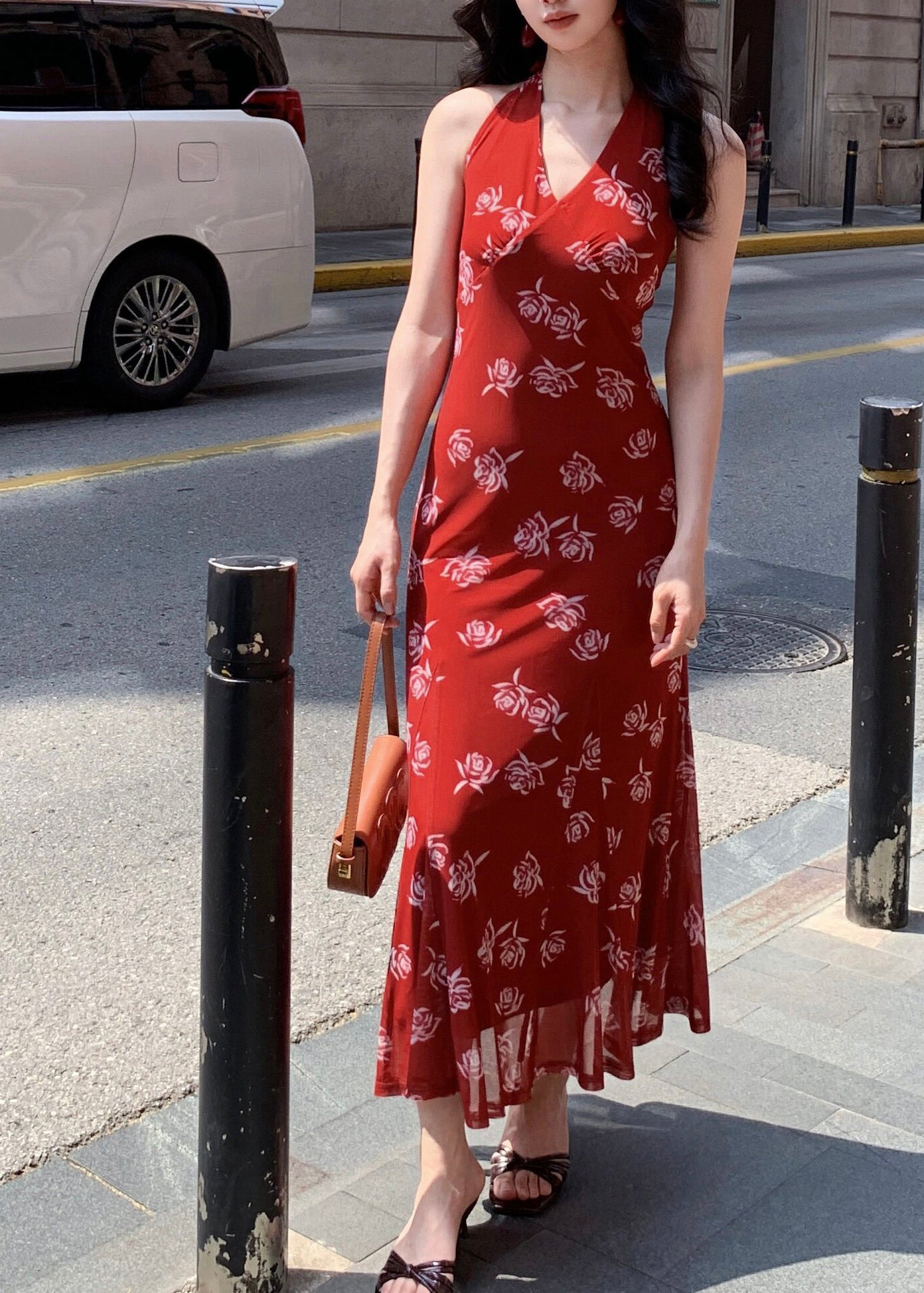 Sexy Red V Neck Patchwork Tulle Maxi Dress Summer