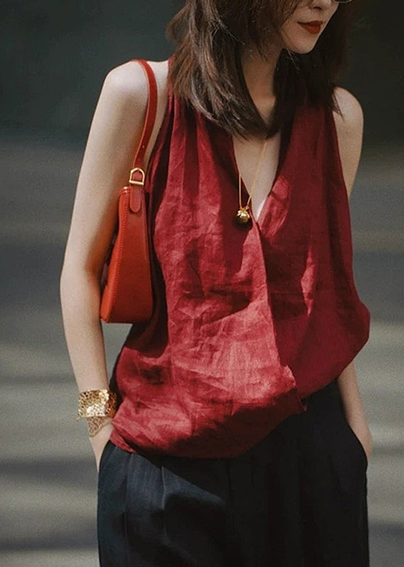 Sexy Red V Neck Solid Tops Sleeveless