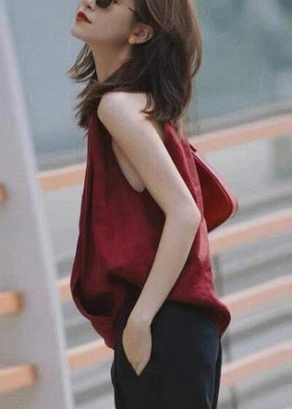 Sexy Red V Neck Solid Tops Sleeveless