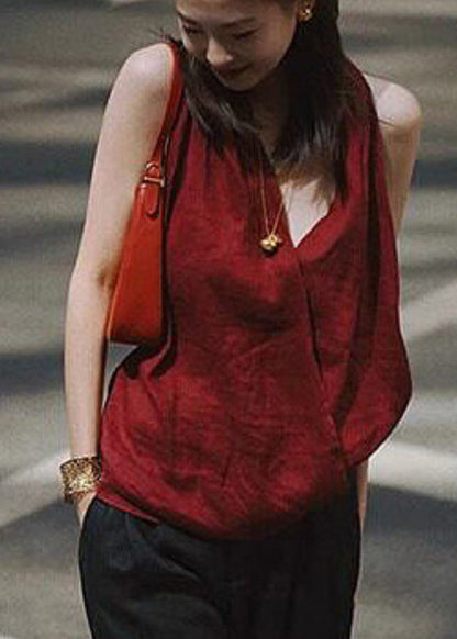 Sexy Red V Neck Solid Tops Sleeveless
