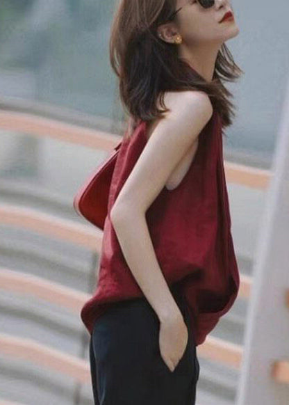 Sexy Red V Neck Solid Tops Sleeveless