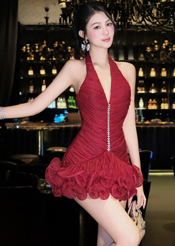 Sexy Red V Neck Wrinkled Mini Dress Summer