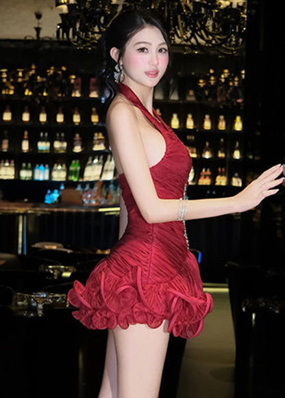 Sexy Red V Neck Wrinkled Mini Dress Summer