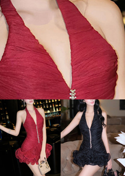 Sexy Red V Neck Wrinkled Mini Dress Summer