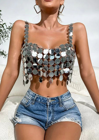 Sexy Silver Sequins Cut Out Tank Tops Sleeveless