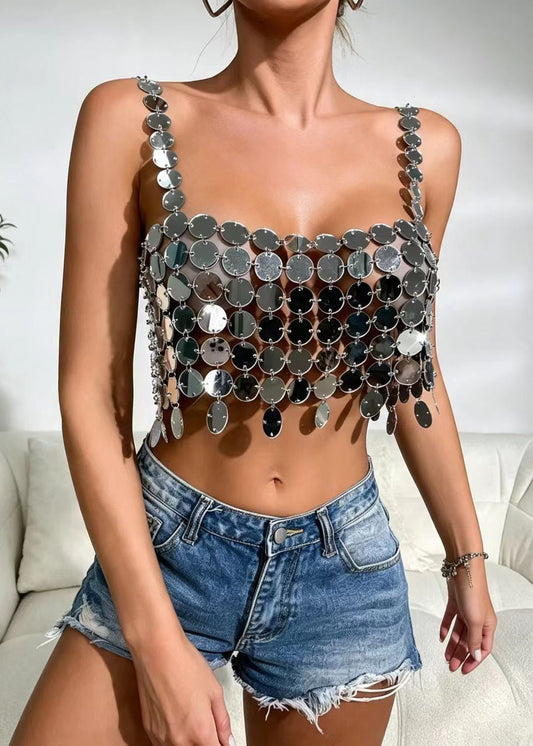 Sexy Silver Sequins Cut Out Tank Tops Sleeveless