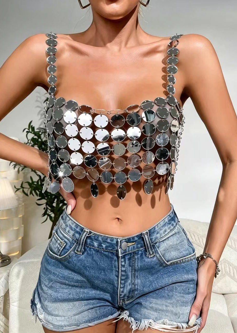 Sexy Silver Sequins Cut Out Tank Tops Sleeveless
