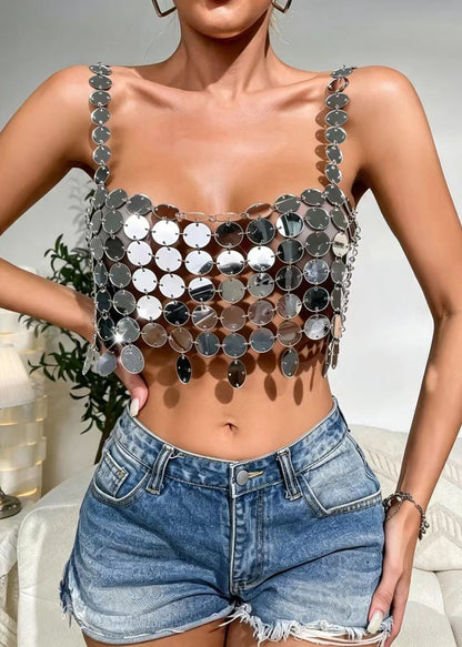 Sexy Silver Sequins Cut Out Tank Tops Sleeveless