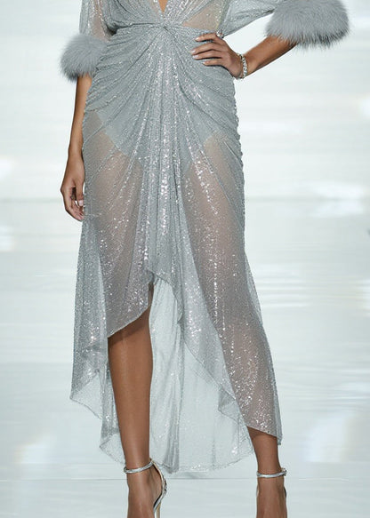 Sexy Sky Blue Sequins Patchwork Faux Fur Tulle Sheer Dress Summer