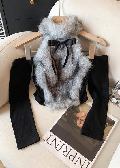 Sexy Style Blue Fur Patchwork Chic Long Sleeved Top