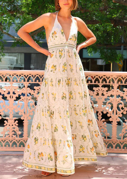 Sexy V Neck Print Backless Cotton Long Dress Sleeveless