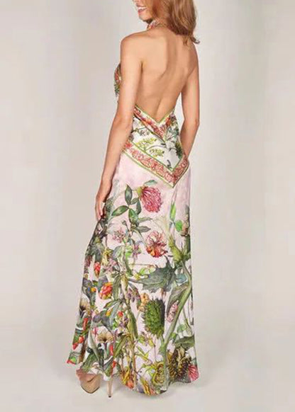 Sexy V Neck Print Cold Shoulder Long Dress Summer