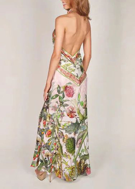 Sexy V Neck Print Cold Shoulder Long Dress Summer