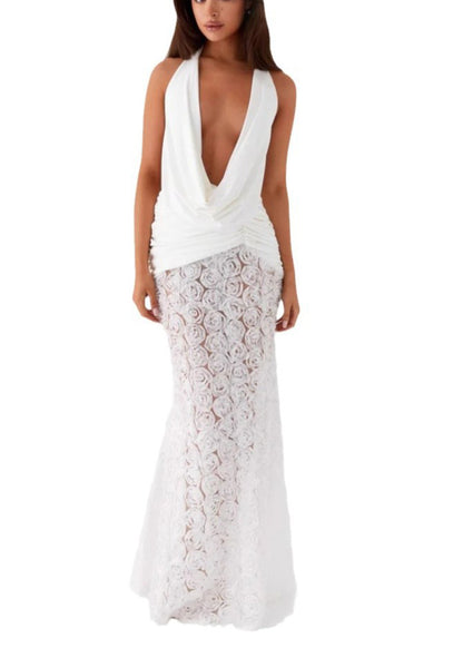 Sexy White Backless Floral Patchwork Slim Fit Dress Summer