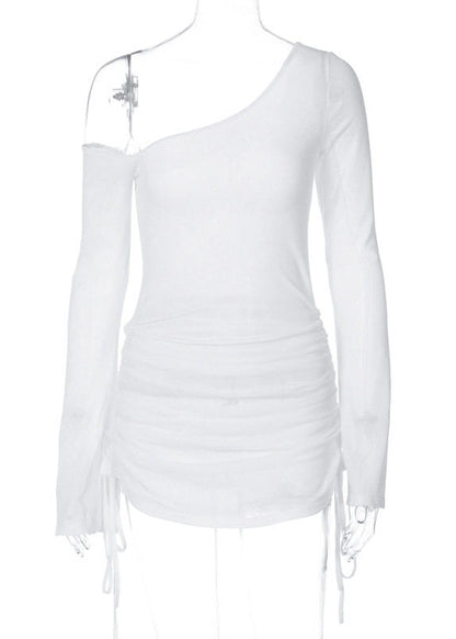 Sexy White Cold Shoulder Drawstring Cotton Mini Dress Summer