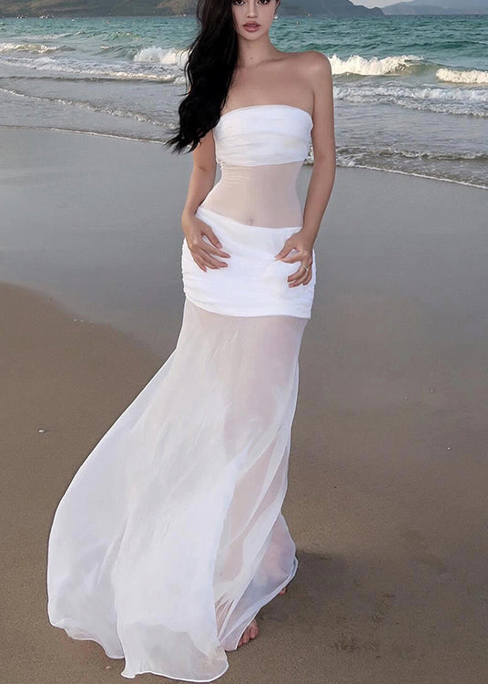 Sexy White Cold Shoulder Floral Tulle Long Dress Sleeveless