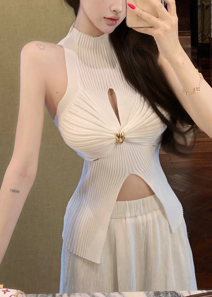 Sexy White Front Open Hollow Out Knit Tanks Summer