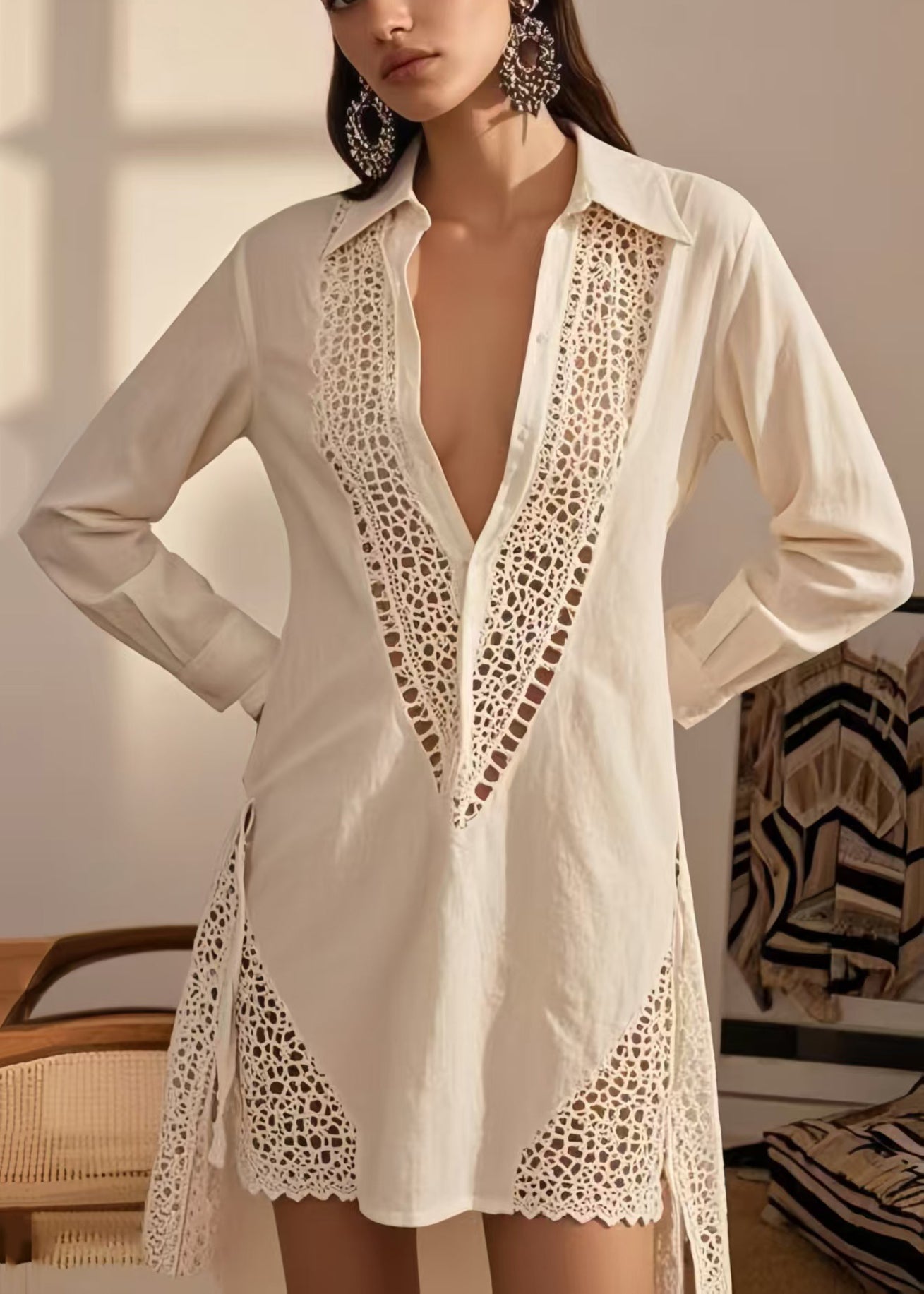 Sexy White Hollow Out Cotton Mini Dress Spring