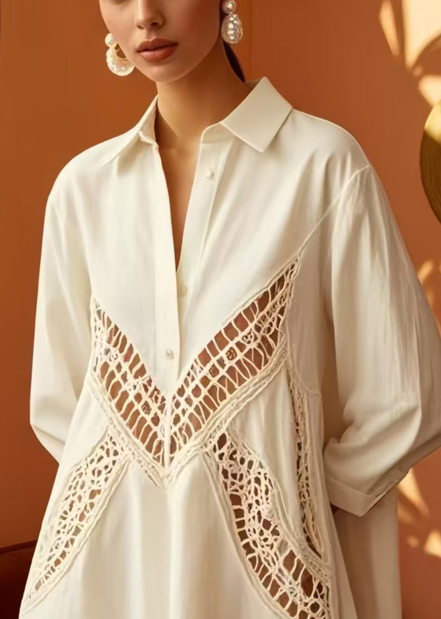 Sexy White Oversized Hollow Out Cotton Shirt Dress Spring