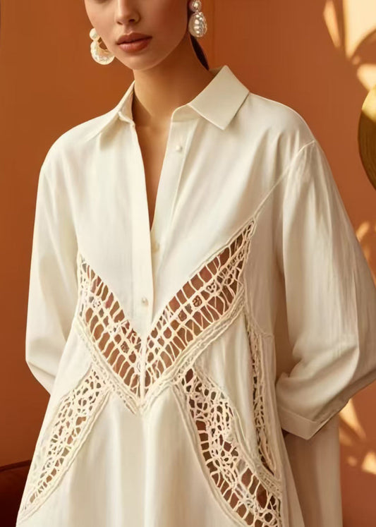 Sexy White Oversized Hollow Out Cotton Shirt Dress Spring