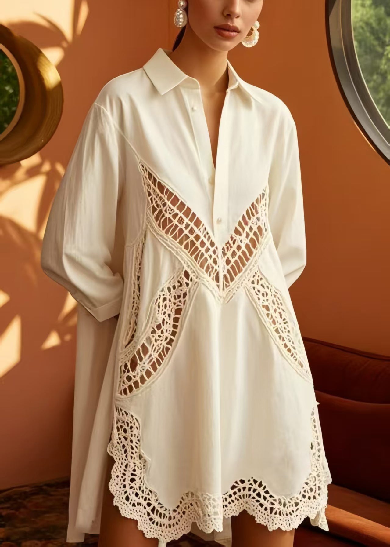 Sexy White Oversized Hollow Out Cotton Shirt Dress Spring