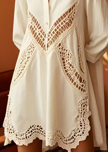Sexy White Oversized Hollow Out Cotton Shirt Dress Spring