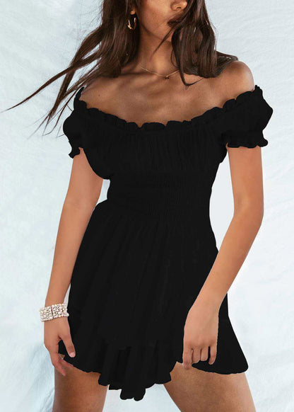 Sexy White Slash Neck Patchwork Elastic Waist Mini Dress Short Sleeve
