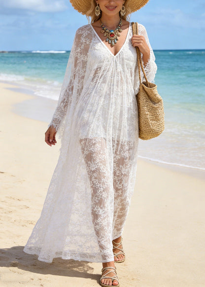 Sexy White V Neck Hollow Out Oversized Lace Vacation Dresses Summer
