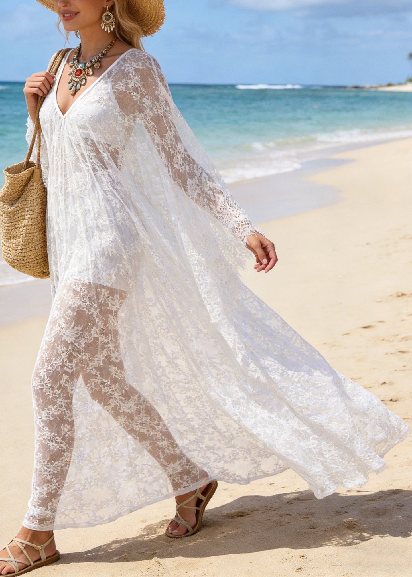 Sexy White V Neck Hollow Out Oversized Lace Vacation Dresses Summer