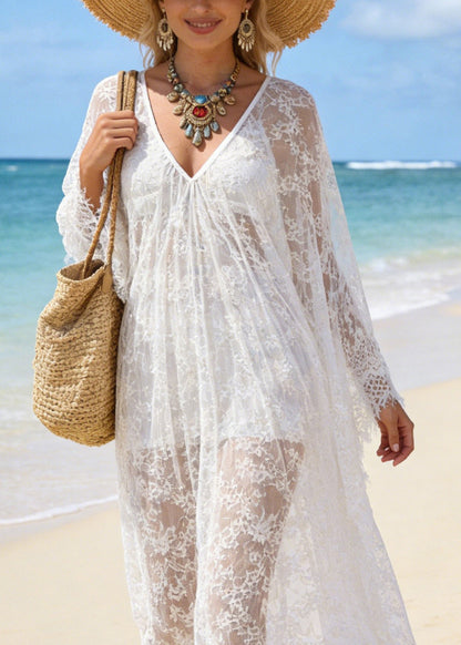 Sexy White V Neck Hollow Out Oversized Lace Vacation Dresses Summer