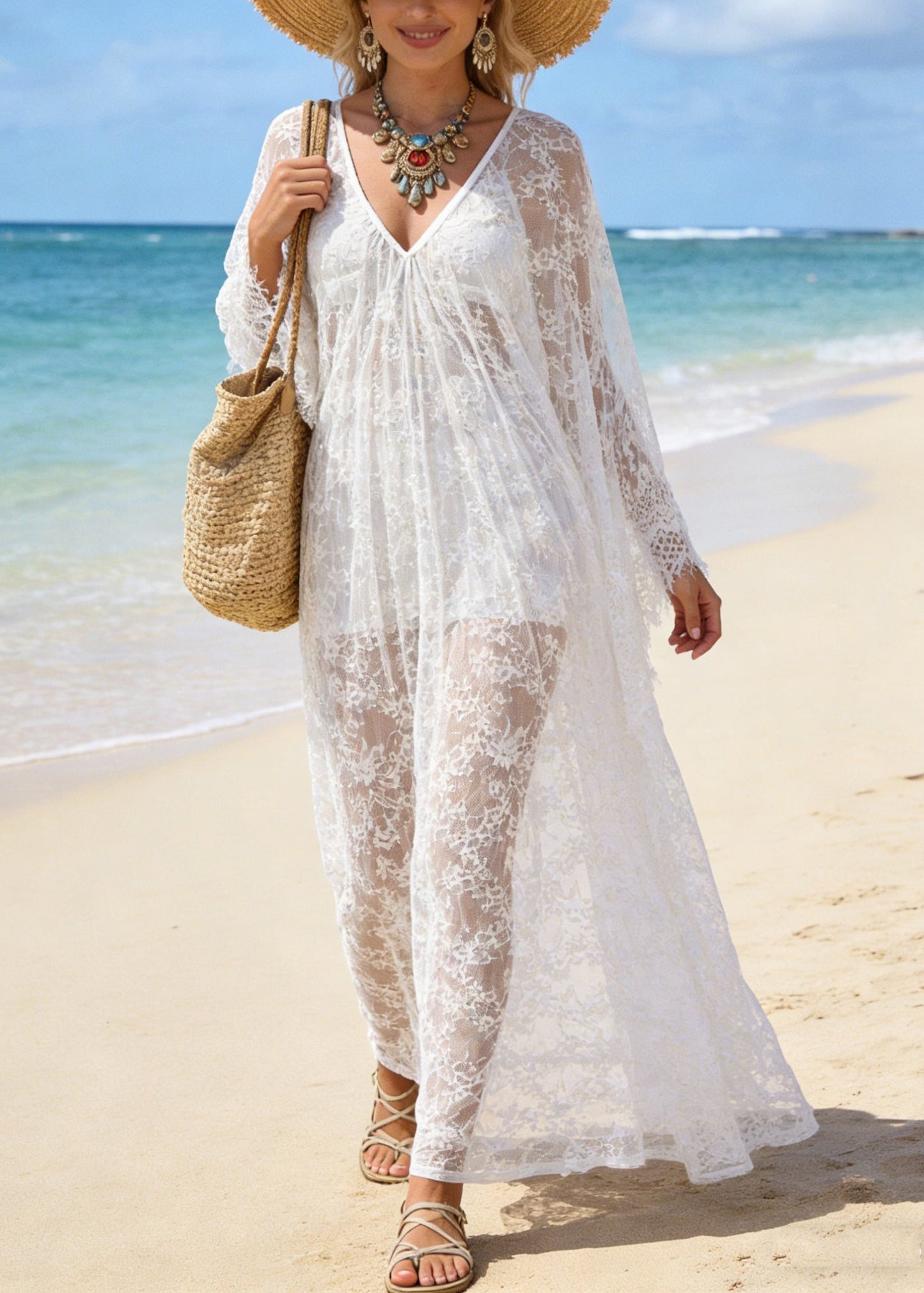 Sexy White V Neck Hollow Out Oversized Lace Vacation Dresses Summer