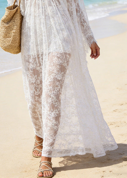 Sexy White V Neck Hollow Out Oversized Lace Vacation Dresses Summer
