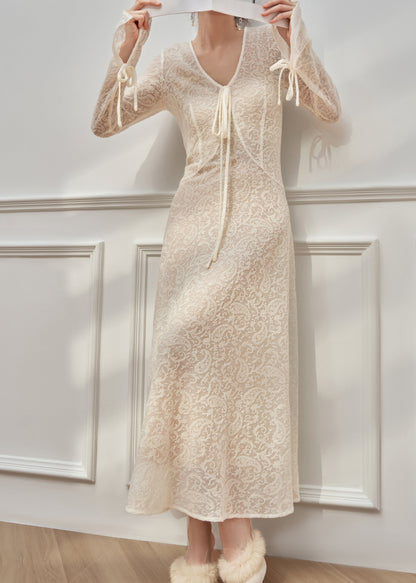 Sexy White V Neck Tie Lace Lace Long Dresses Flare Sleeve