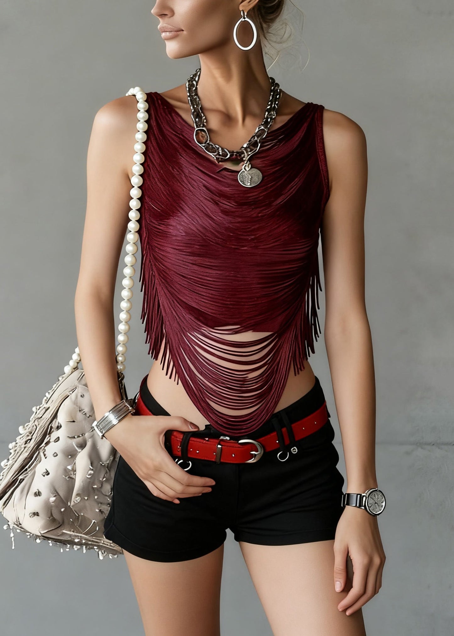 Sexy Wine Red Backless Tasseled Solid Tank Sleeveless