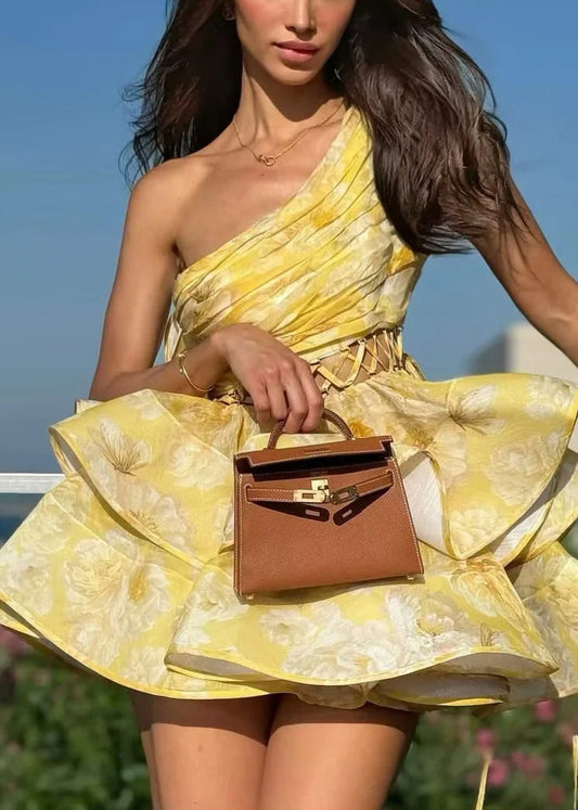 Sexy Yellow Asymmetrical Hollow Out Cotton Mini Dresses Sleeveless