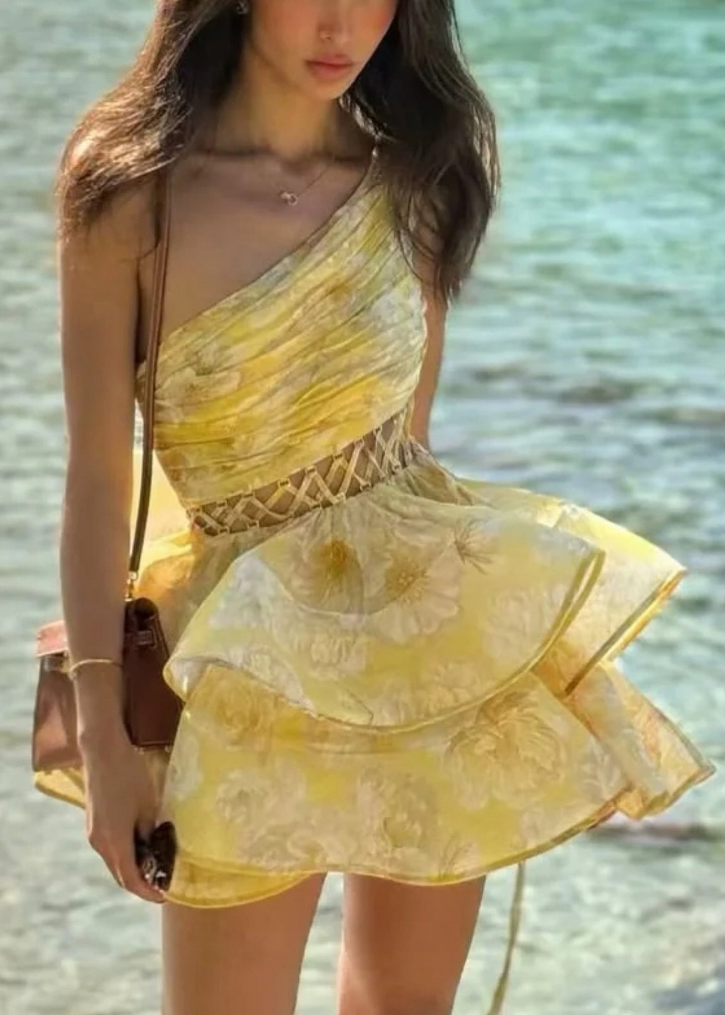 Sexy Yellow Asymmetrical Hollow Out Cotton Mini Dresses Sleeveless