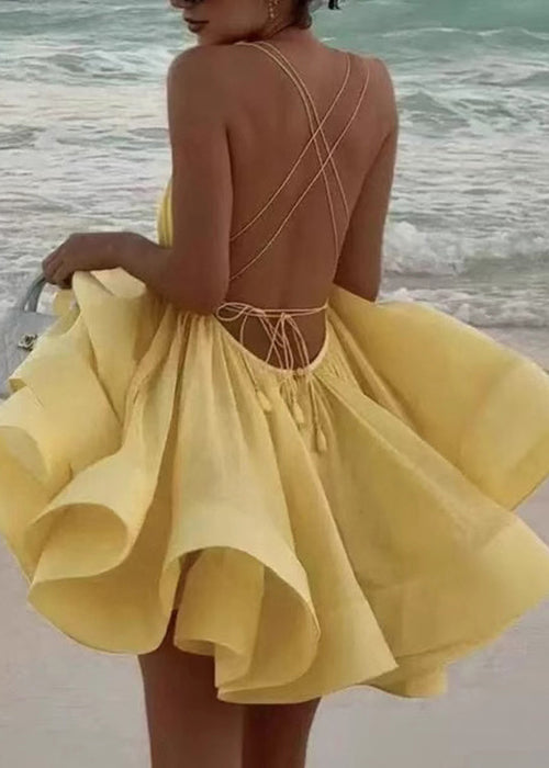 Sexy Yellow Backless Lace Up Cotton Dresses Sleeveless