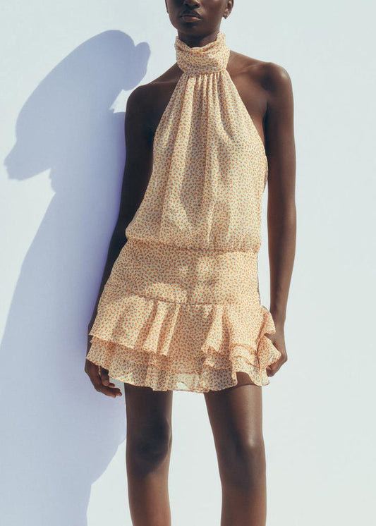 Sexy Yellow Backless Print Ruffled Chiffon Dresses Sleeveless