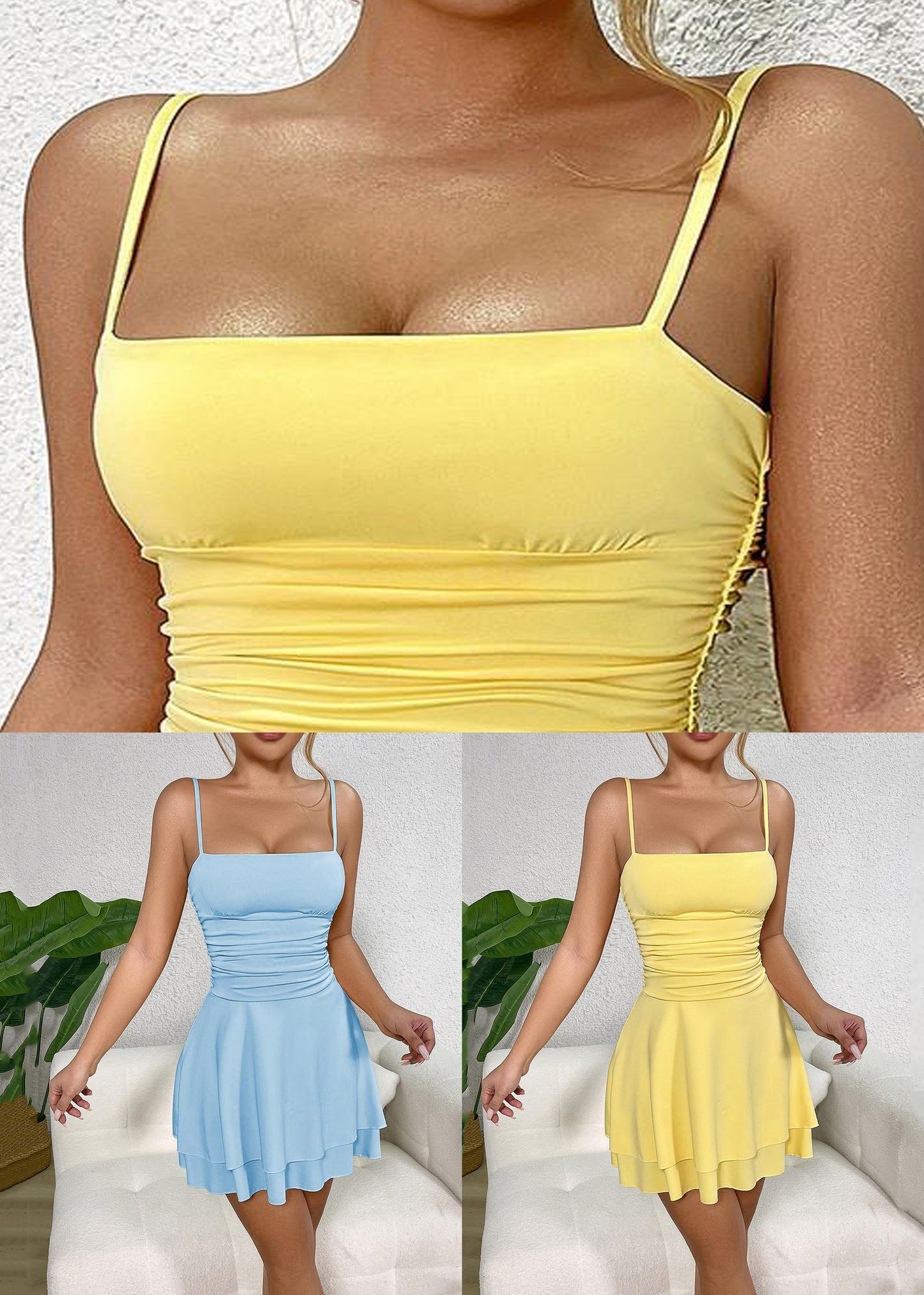 Sexy Yellow Cold Shoulder Solid Spaghetti Strap Dress Sleeveless