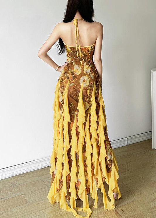 Sexy Yellow Ruffled Print Front Open Tulle Dress Sleeveless