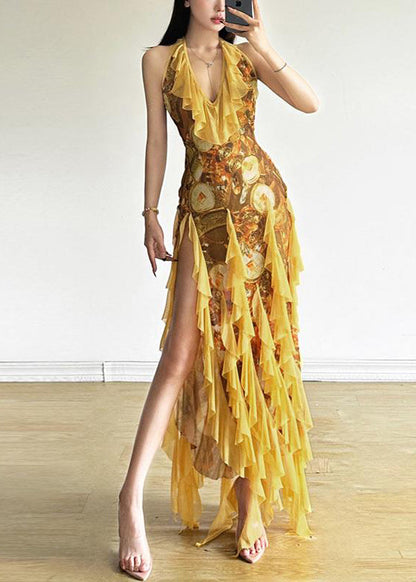 Sexy Yellow Ruffled Print Front Open Tulle Dress Sleeveless
