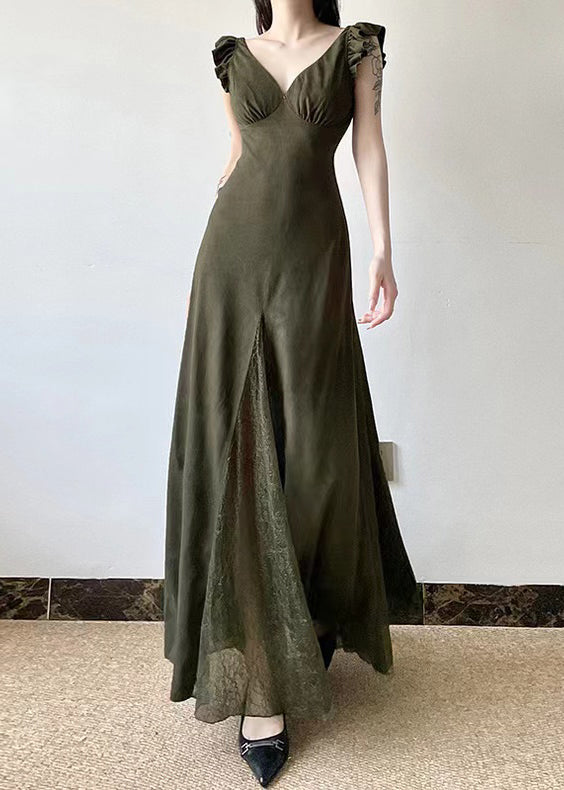 Silm Fit Army Green Exra Large Hem Patchwork Lace Long Dresses Summer